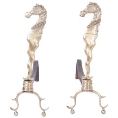 Antique Pair of Brass Sea Horse Andirons