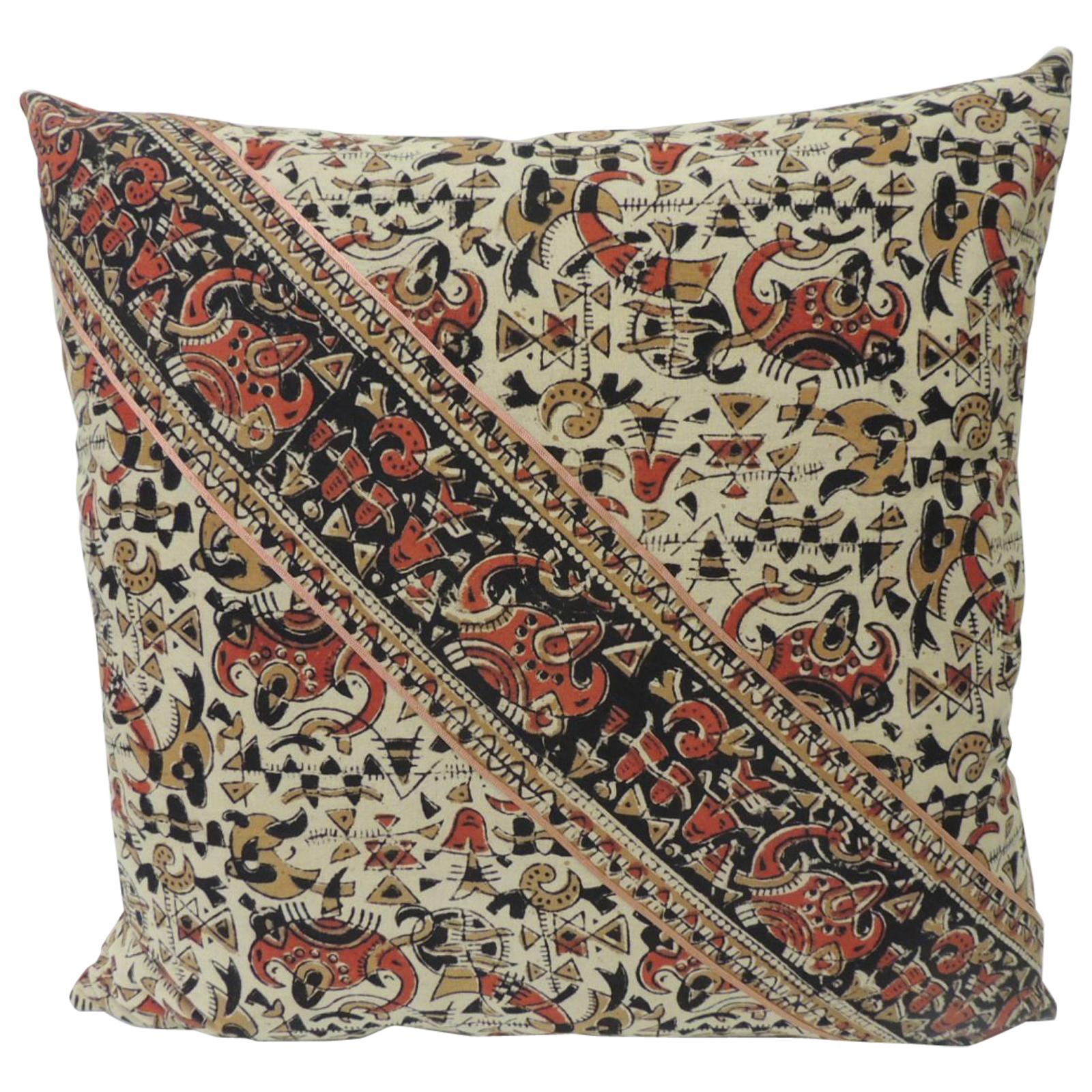 Vintage Persian Hand-Blocked Kalamkari Square Throw Pillow