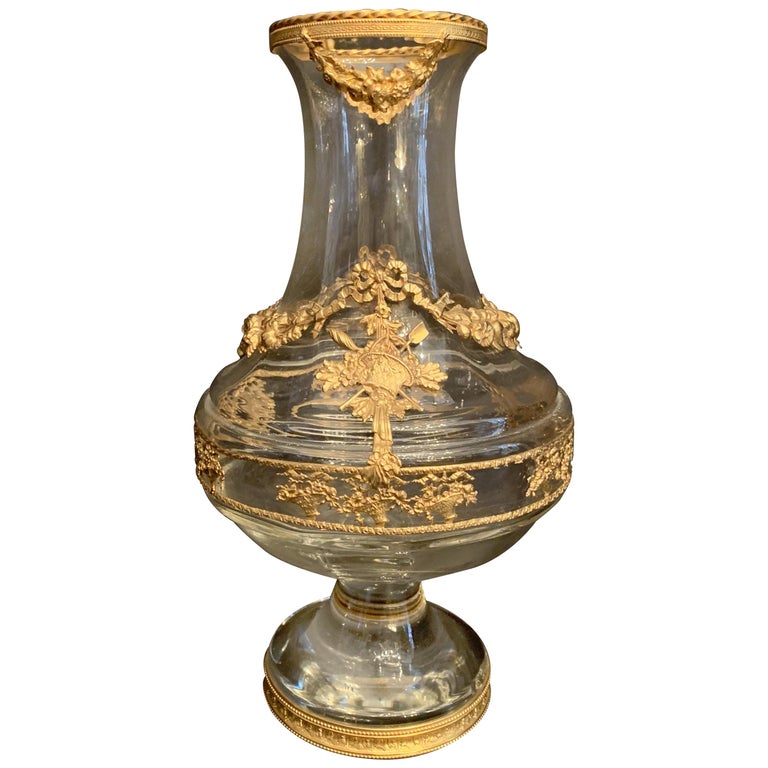 Wonderful French Ormolu Doré Bronze Swag Mounted Crystal Pedestal Flower  Vase For Sale at 1stDibs