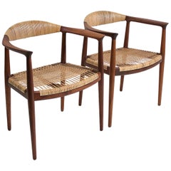 Hans Wegner "The Chair" Early Production Teak & Cane JH-501 Pair Johannes Hansen