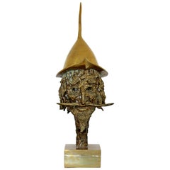 Brutalist Bronze Don Quixote Bust Table Sculpture Signé Monyo