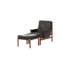 Danish Modern Easy Chair and Ottoman in Black Leather