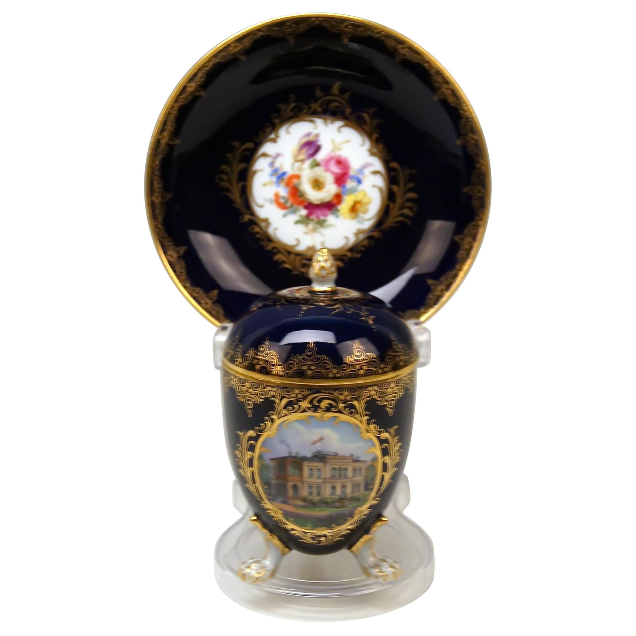 Meissen Lidded Egg Cup Saucer Castle View Dresden Germany Flower Paintings, 1870
