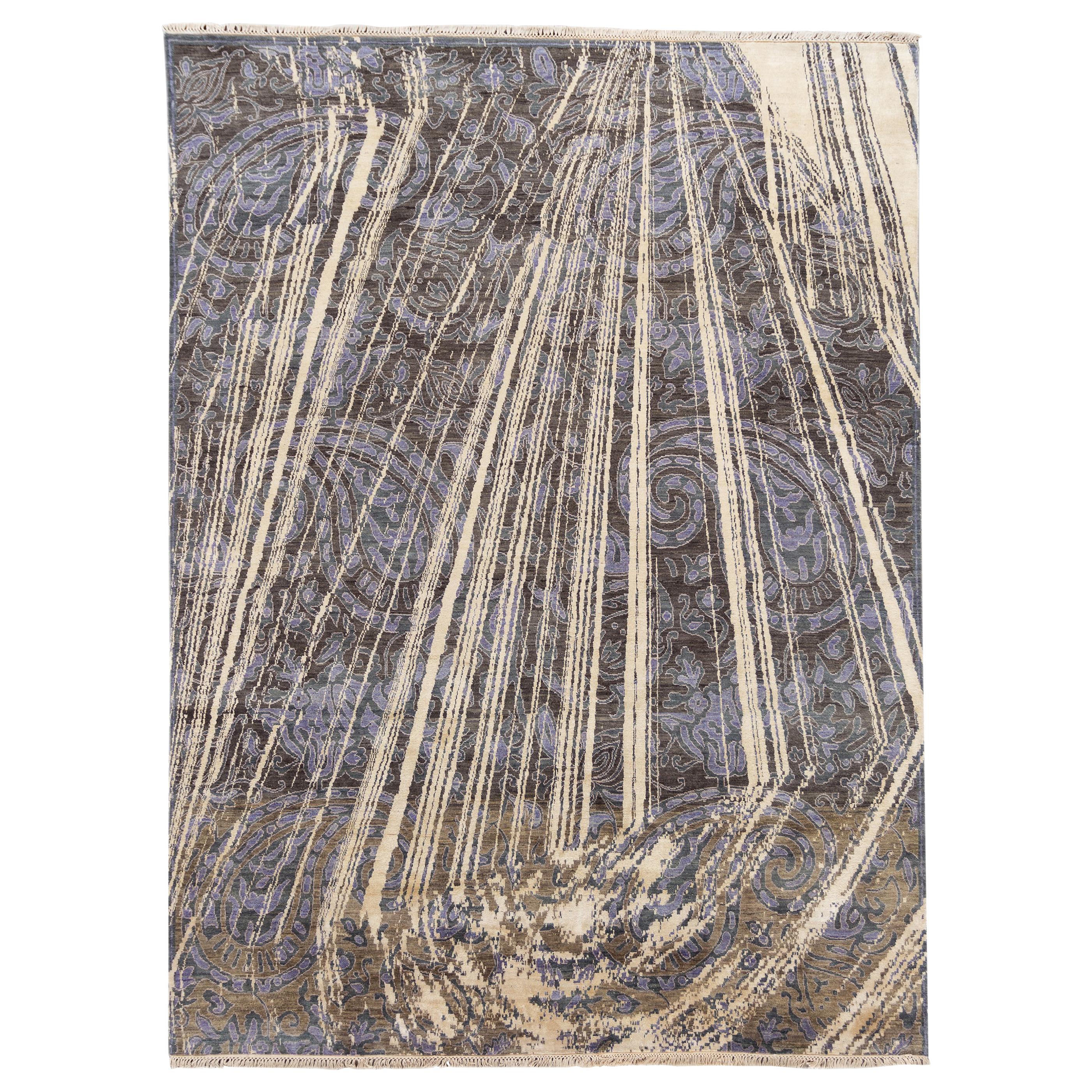 Zeitgenössischer grauer Teppich aus Seide im tibetischen Stil