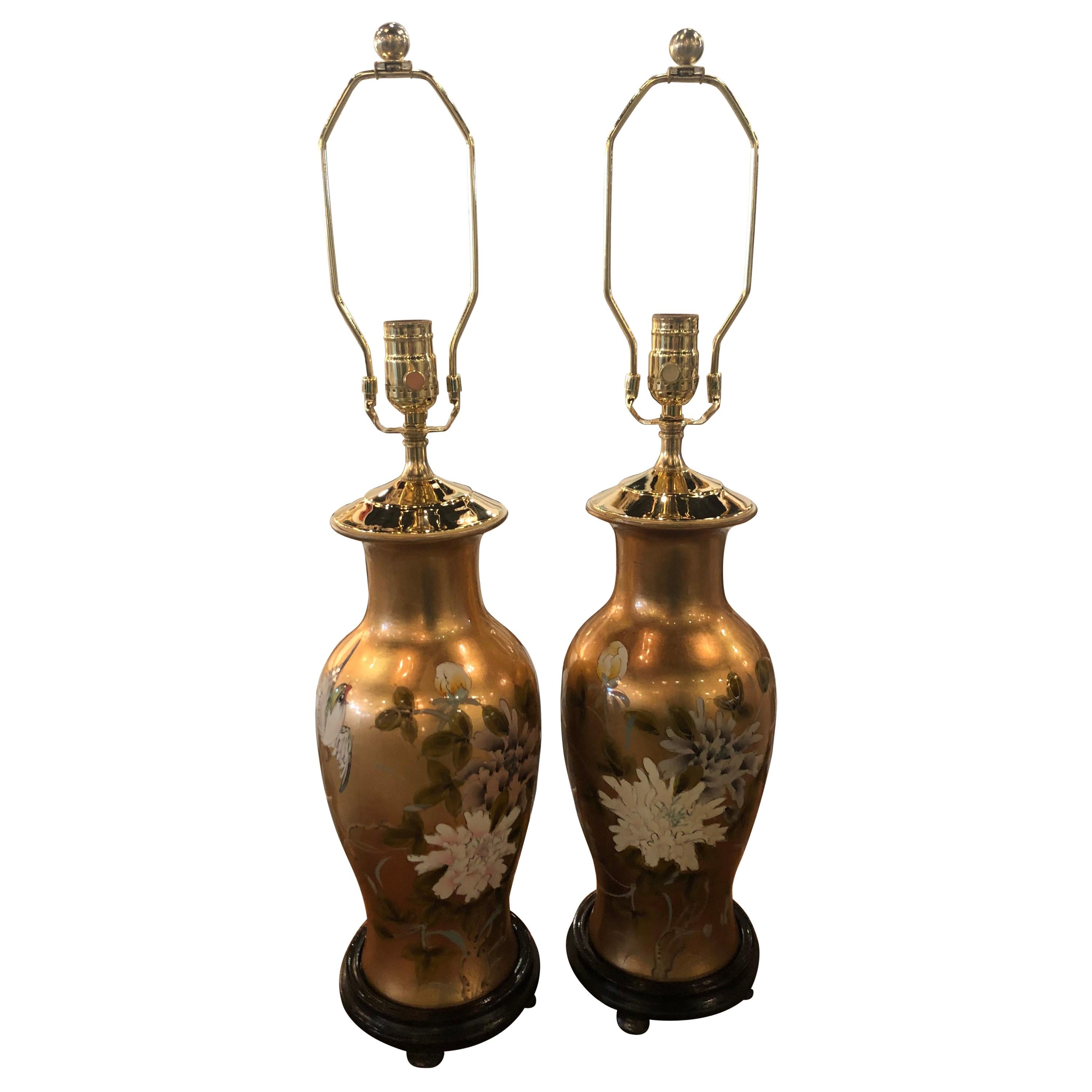 Vintage Gold Leaf Bird Floral Chinoiserie Table Lamps a Pair Newly Restored For Sale