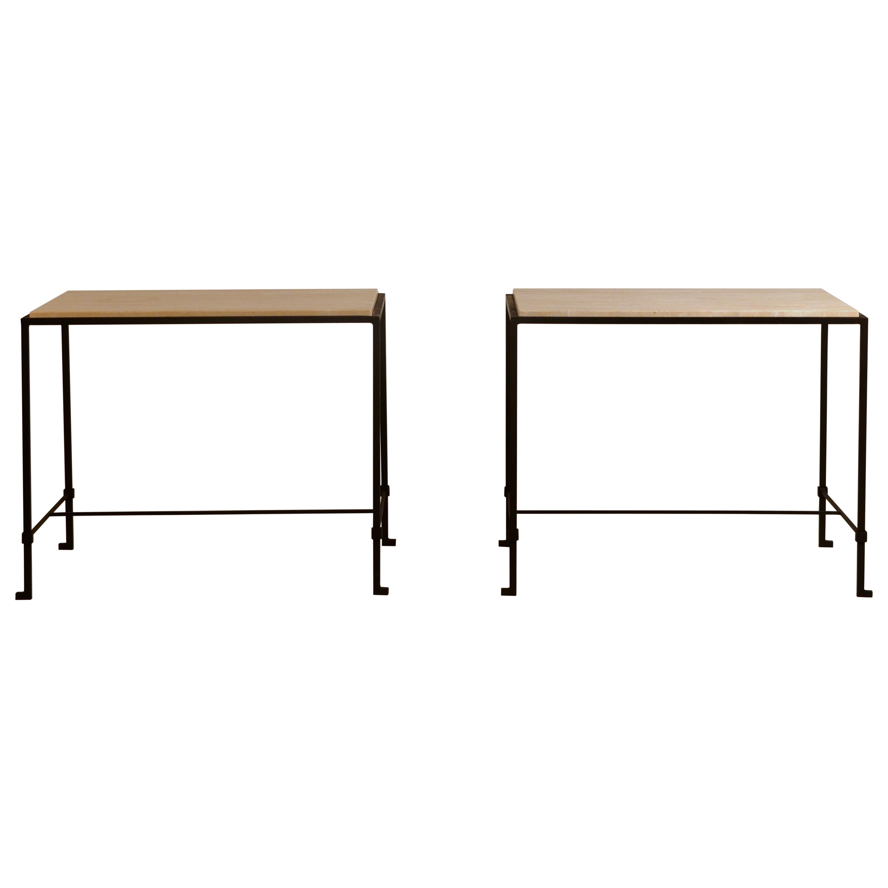 Pair of 'Diagramme' Wrought Iron and Travertine Side Tables by Design Frères