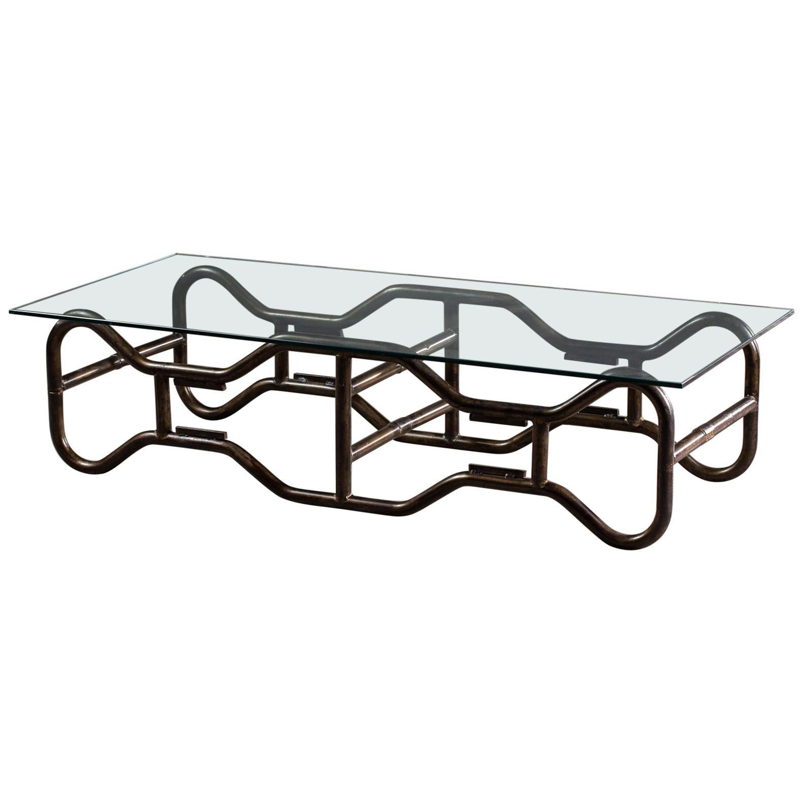 Modern French Industrial Steel Frame Glass Top Coffee Table, circa 1970 For Sale
