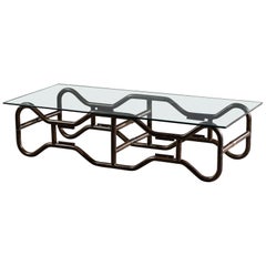 Modern French Industrial Steel Frame Glass Top Coffee Table, circa 1970