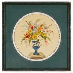 Vintage Classical Floral Print with Overpainted Glass and Frame, 1960s