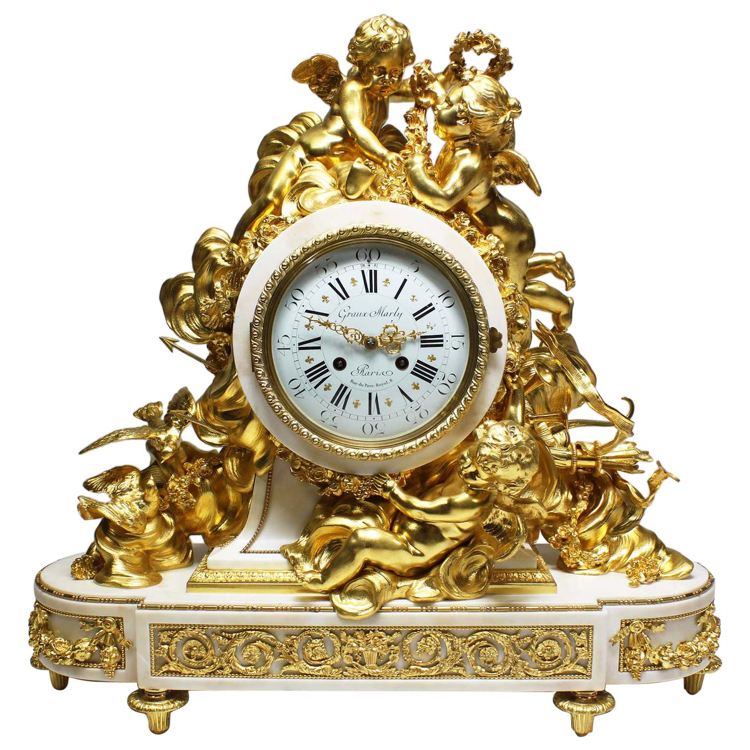 Palatial pendule à chérubin en bronze doré de style Louis XV du 19e siècle Attr. Beurdeley 