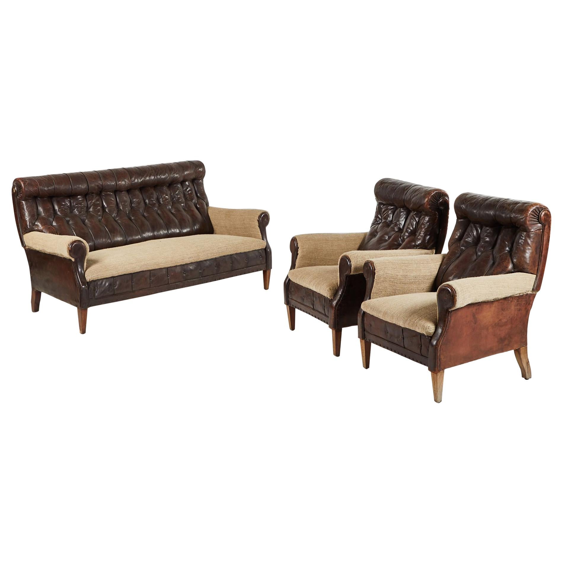 19th Century Leather and Hessian Sofa and Pair of Chairs Salon Set
