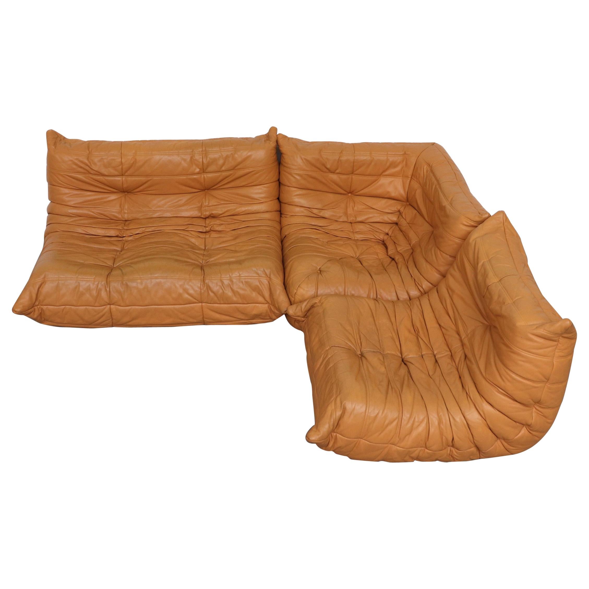 Ligne Roset 'TOGO' Butterscotch Leather Corner Sectional Sofa