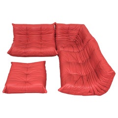 Used Ligne Roset 'TOGO' Red Leather Corner Sectional Sofa with Ottoman