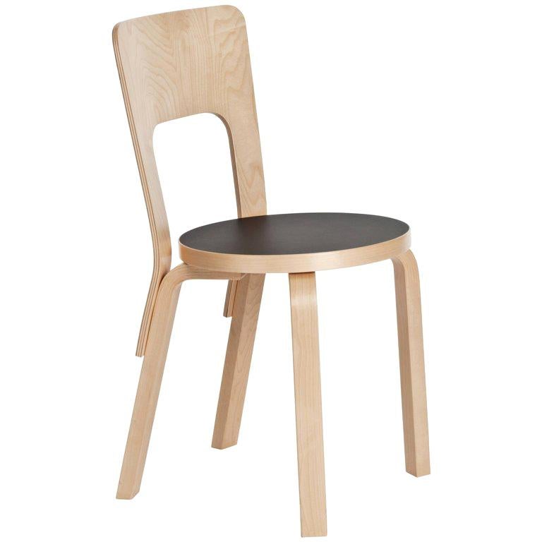 Authentic Chair 66 in Lacquered Birch with Linoleum Seat by Alvar Aalto & Artek