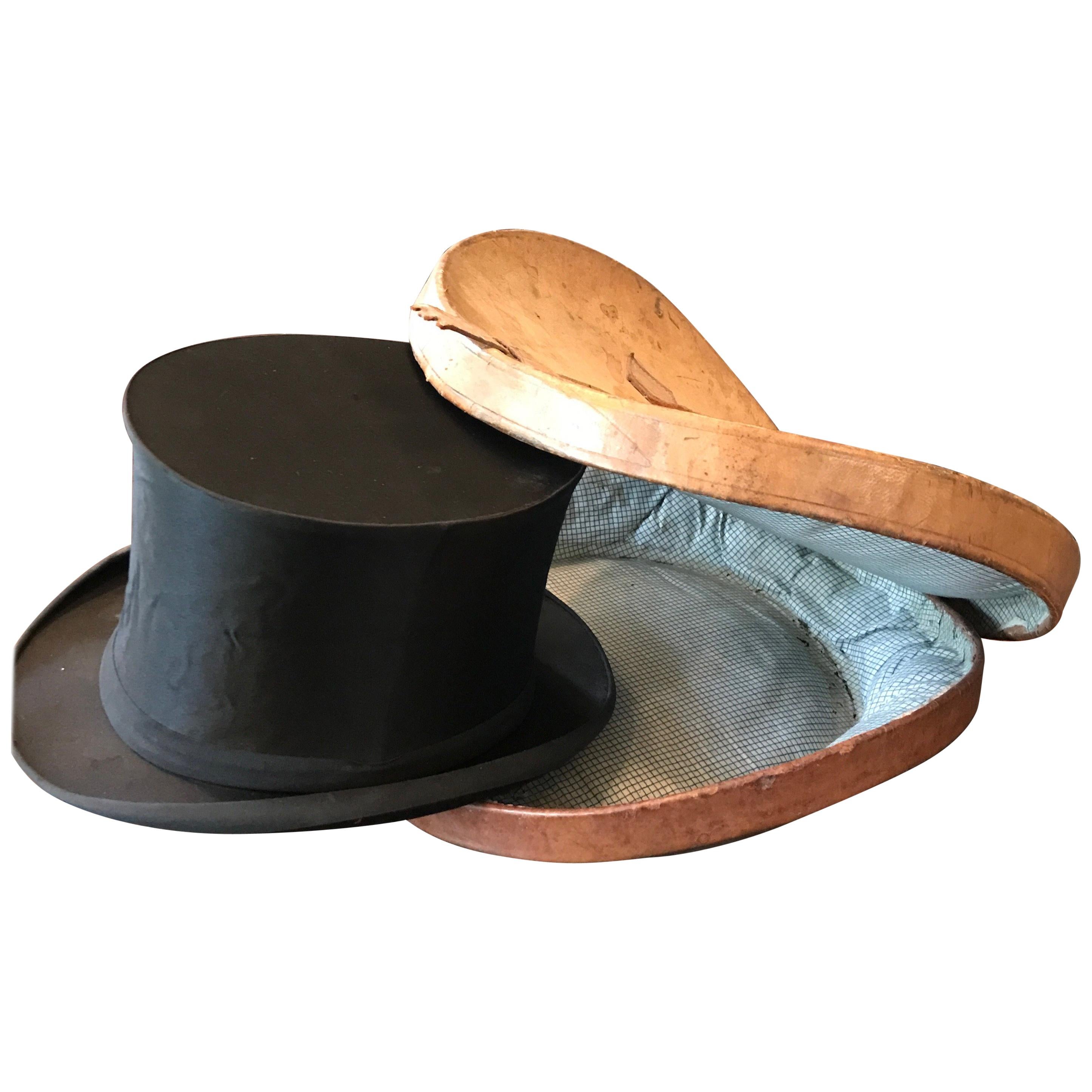 Mid-19th Century French Oval Pigskin Leather Hat Box With Original Top Hat