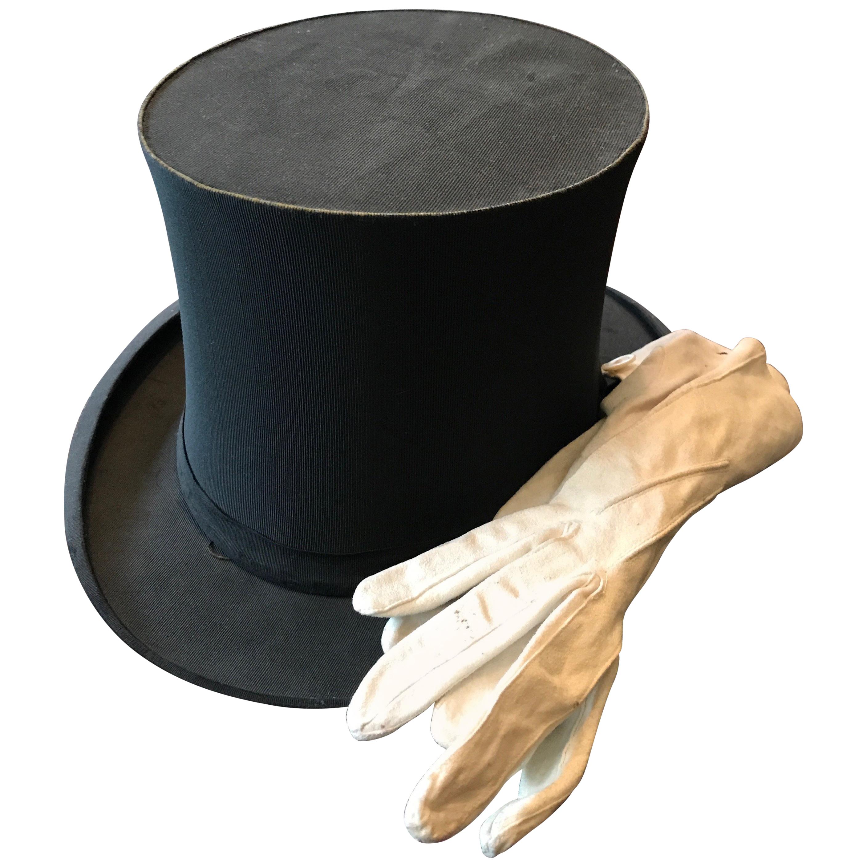 Hat Chapeau Claque London 19th Century White Leather Gloves For Sale