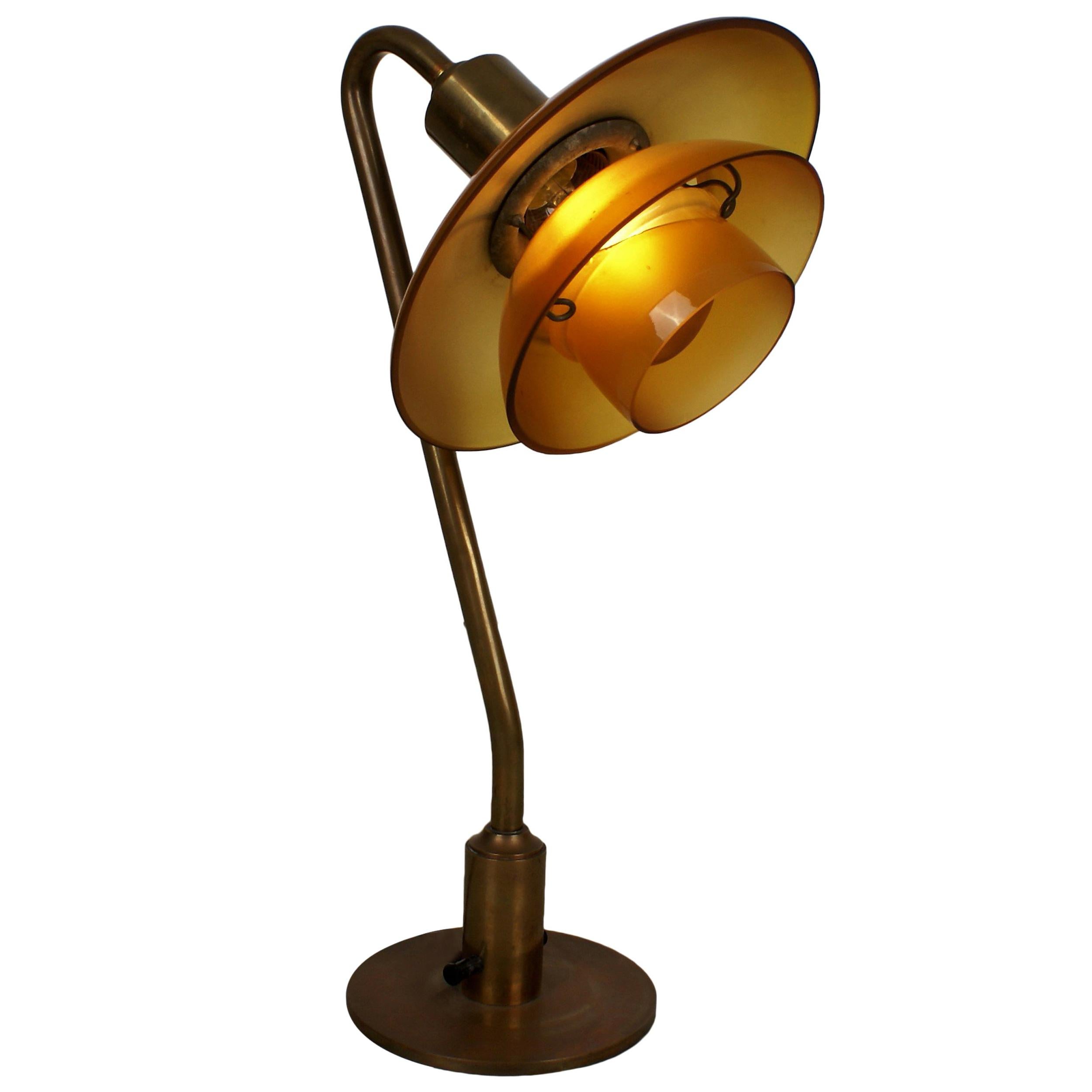 Poul Henningsen 2/2 Snowdrop Desk Lamp in Brass with Amber Colored Glass, 1930s