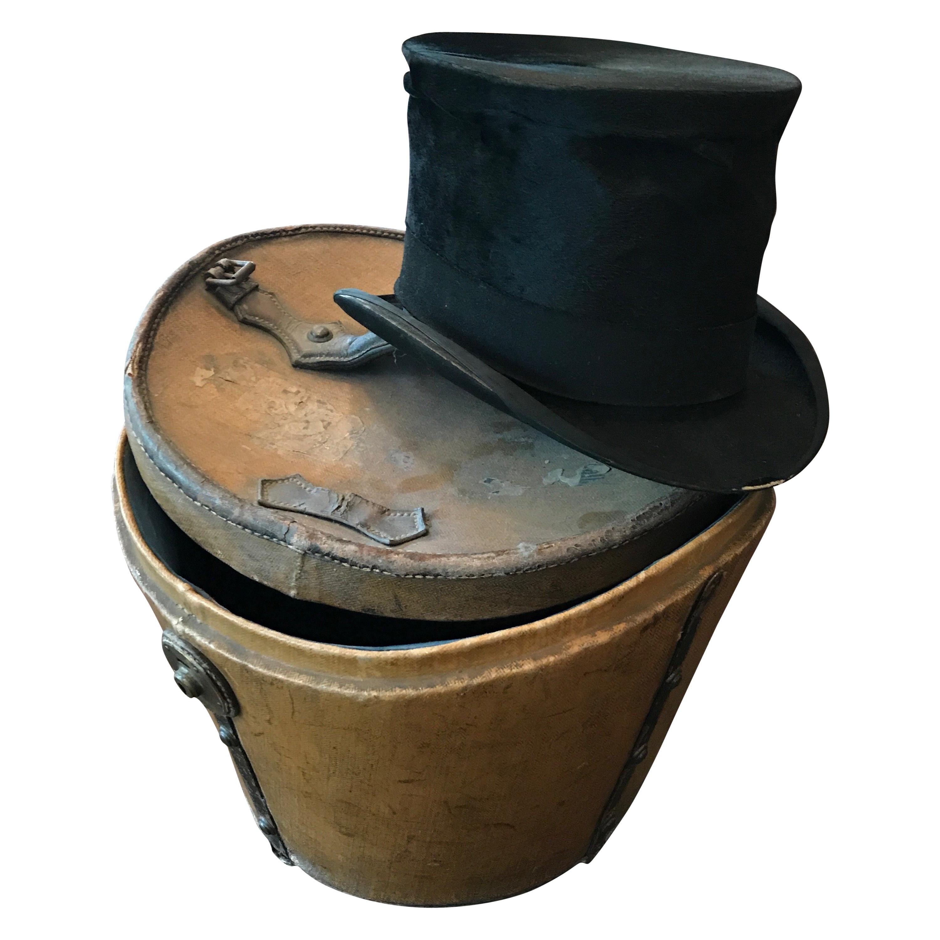 Leather Hat Box with High Hat, 19th Century For Sale