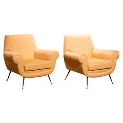 1950s, Brass and Golden Jacquard Set Lounge Chairs by Gigi Radice for Minotti