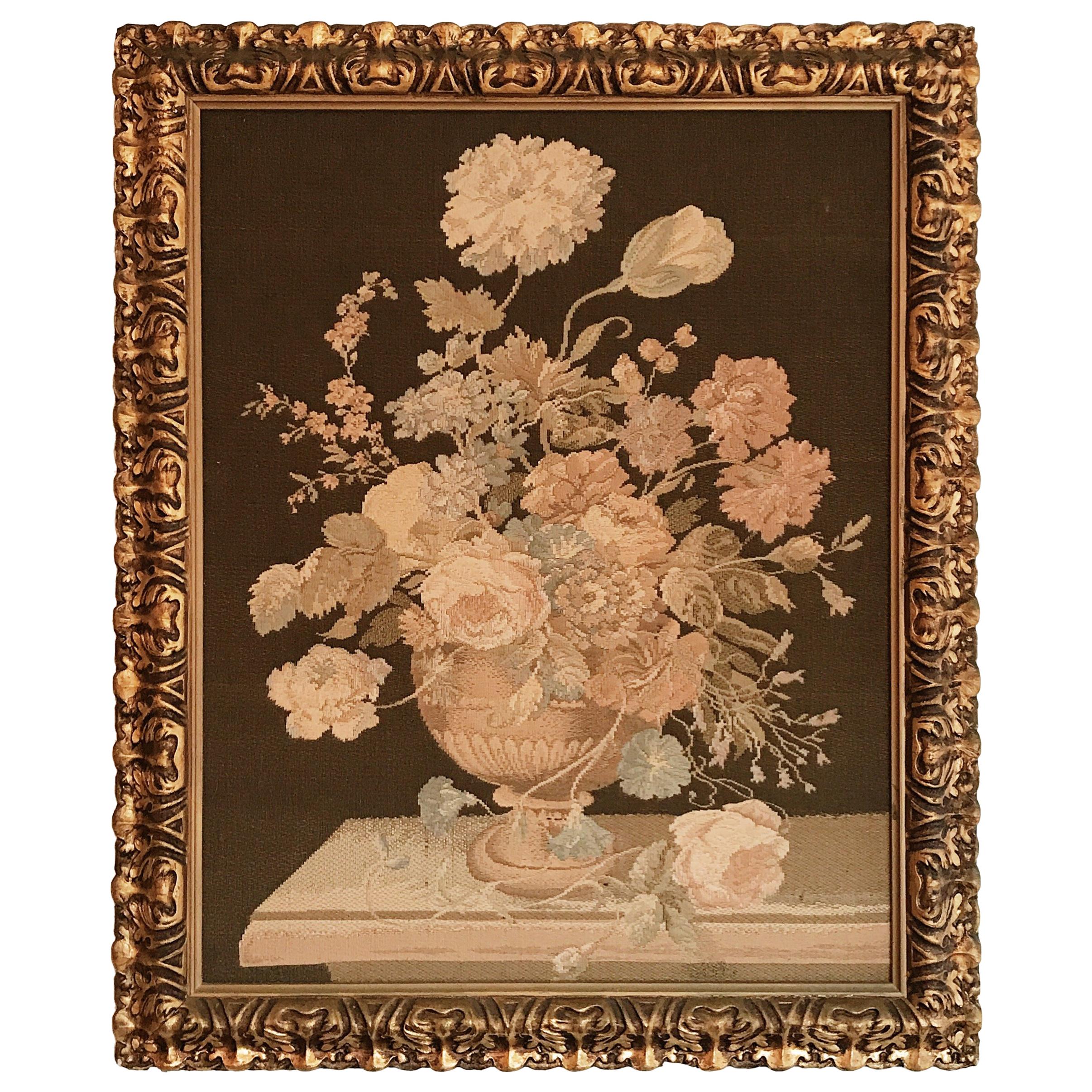 Early Machine Loom Floral Italian Tapestry in Mid-20th Century Giltwood Frame For Sale