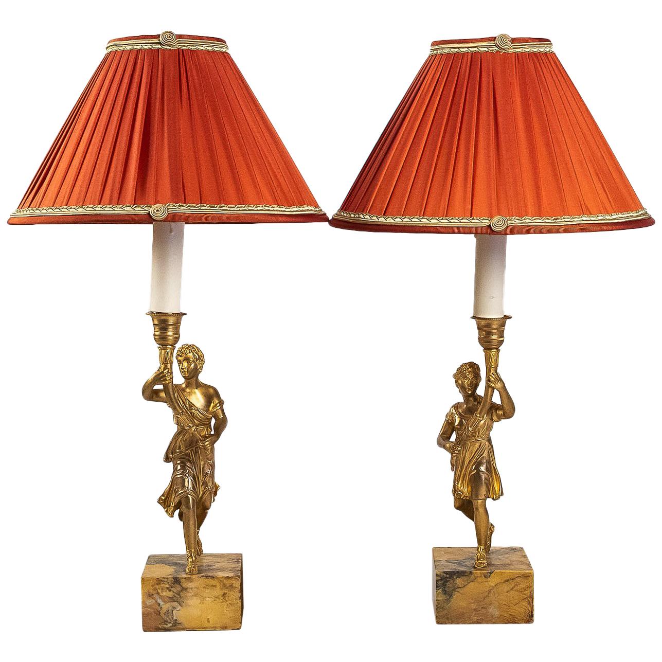 Pair of Candlesticks Converted in Table Lamps with Gilt-Bronze Characters