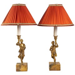 Pair of Candlesticks Converted in Table Lamps with Gilt-Bronze Characters