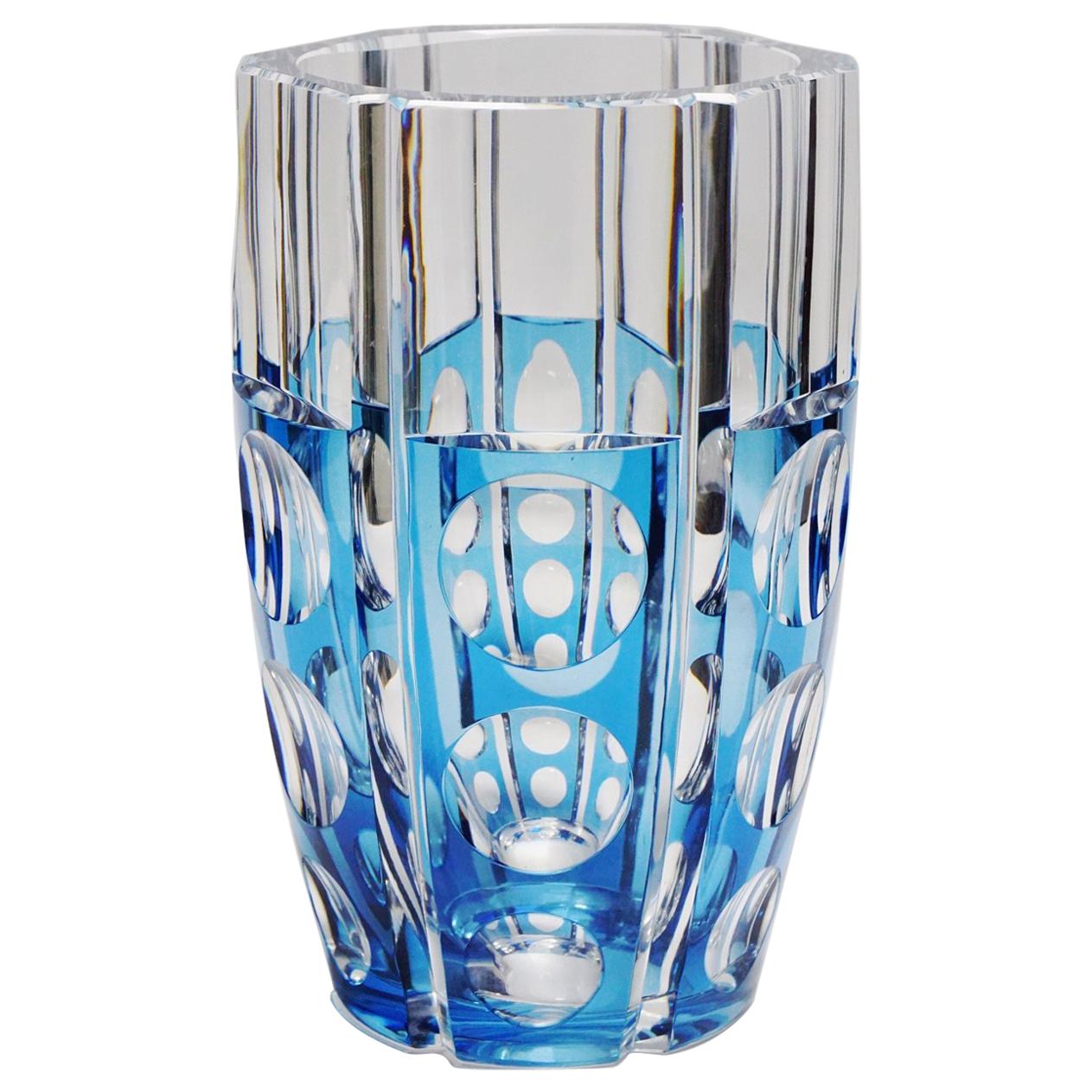 Large Art Deco Val Saint Lambert Blue Cerbere Glass Vase For Sale