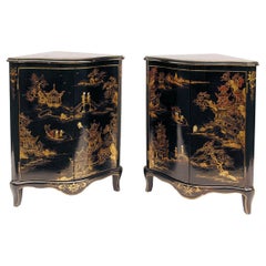 Antique Pair of Louis XV Style Corner Cabinets, Black Lacquer, Chinese Decor, circa 1900