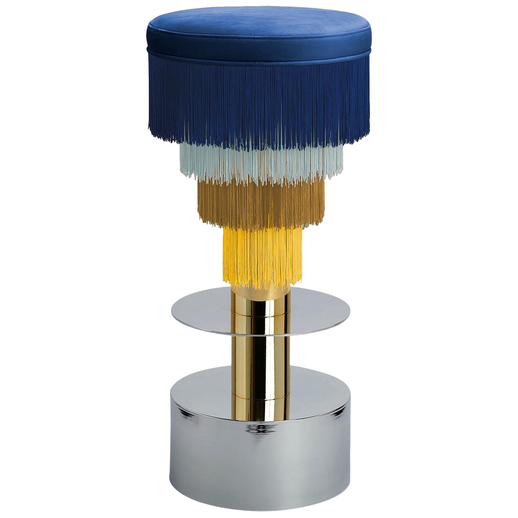 Deja Vu Blue and Yellow Stool with 24-Karat Gold-Plated Metal and Velvet Fringes For Sale