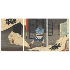 Antique Original Japanese Woodblock Print, Soga Brothers, Meiji, Samurai, Ukiyo-e, Rain