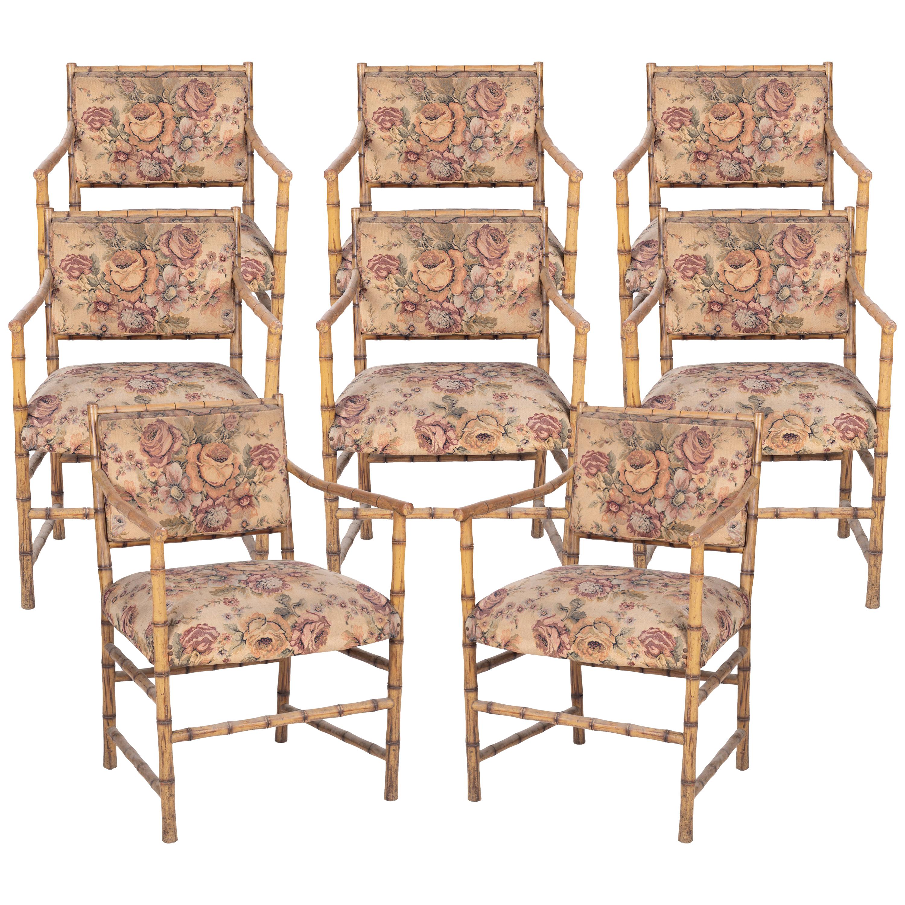1950s Set of Eight English Bamboo Upholstered Armchairs