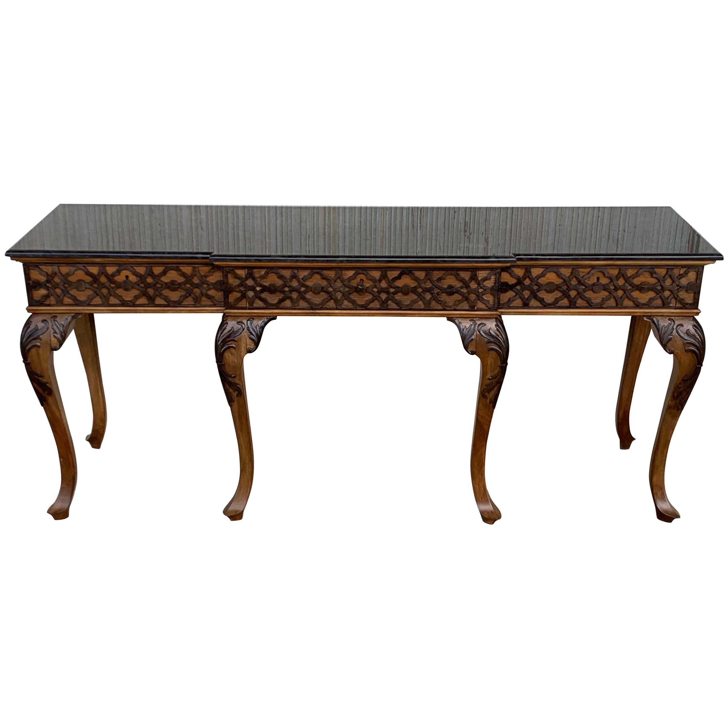 20th Century Large Console Table with Three Drawers Walnut Inlays and Marble Top