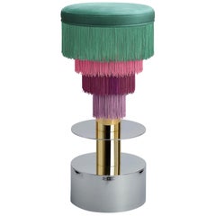 Deja Vu Green and Pink Stool with 24-Karat Gold-Plated Metal and Velvet Fringes