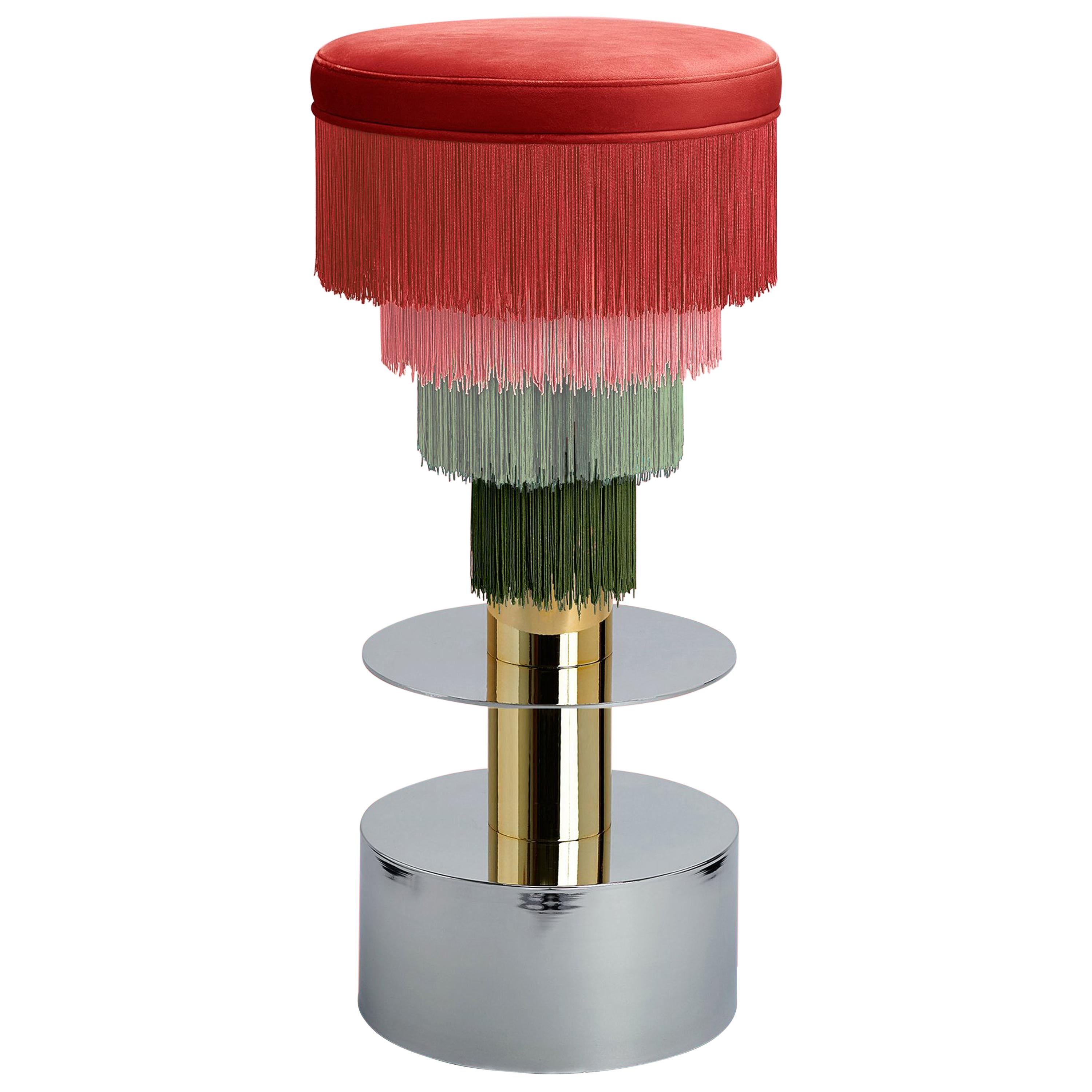 Deja Vu Red and Green Stool with 24-Karat Gold-Plated Metal and Velvet Fringes For Sale