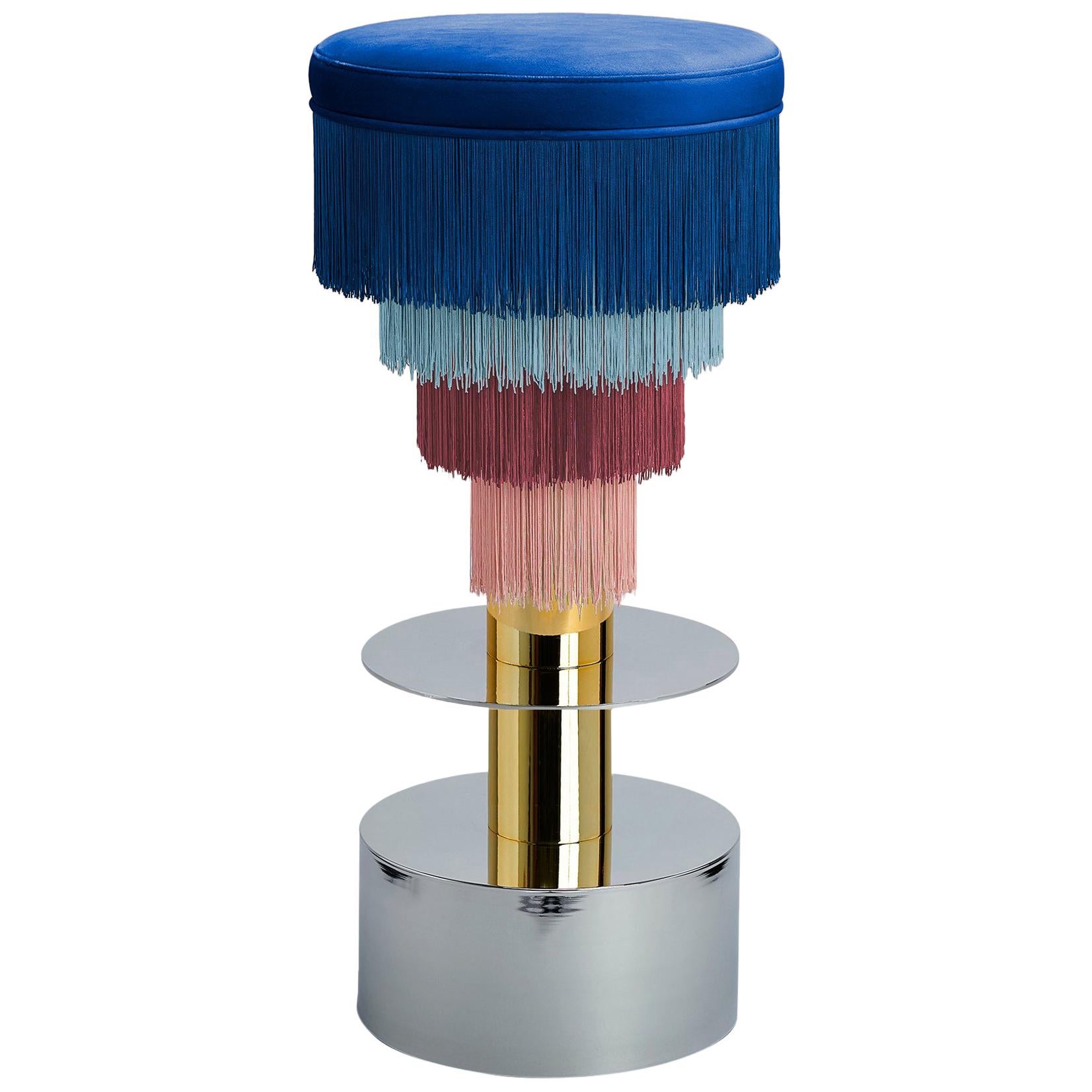 Deja Vu Blue and Pink Stool with 24-Karat Gold-Plated Metal and Velvet Fringes For Sale