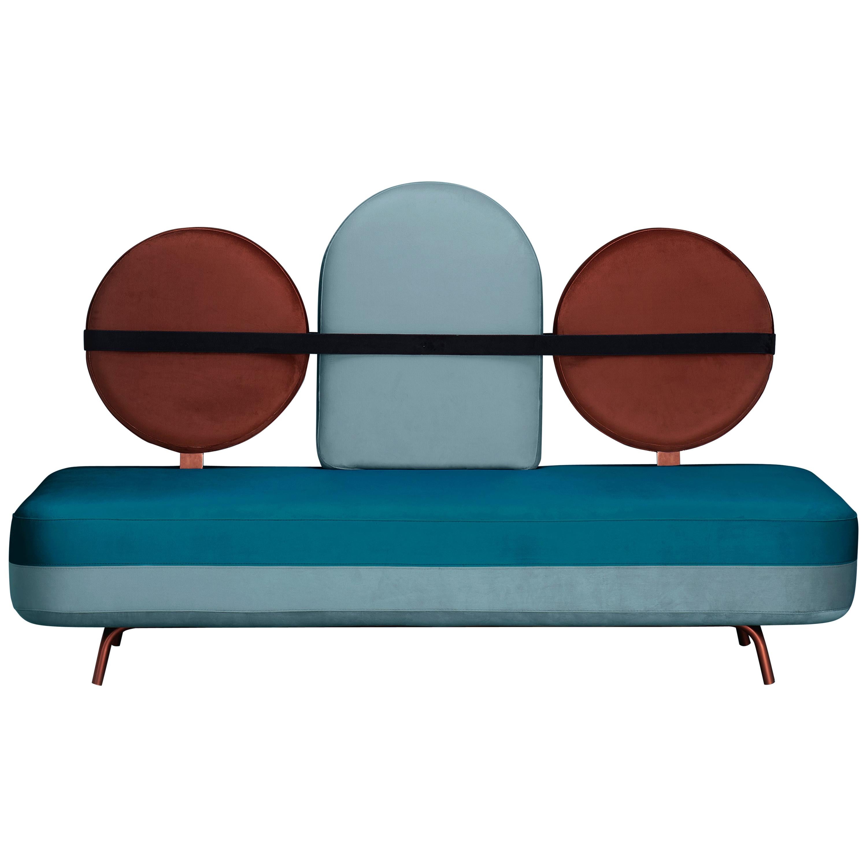 Jimi Sofa in Blue and Red Velvet and Upholstery For Sale