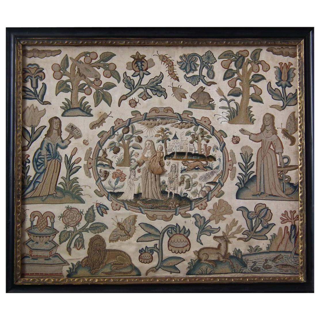 Antique Stumpwork Embroidery of Faith, Hope & Charity