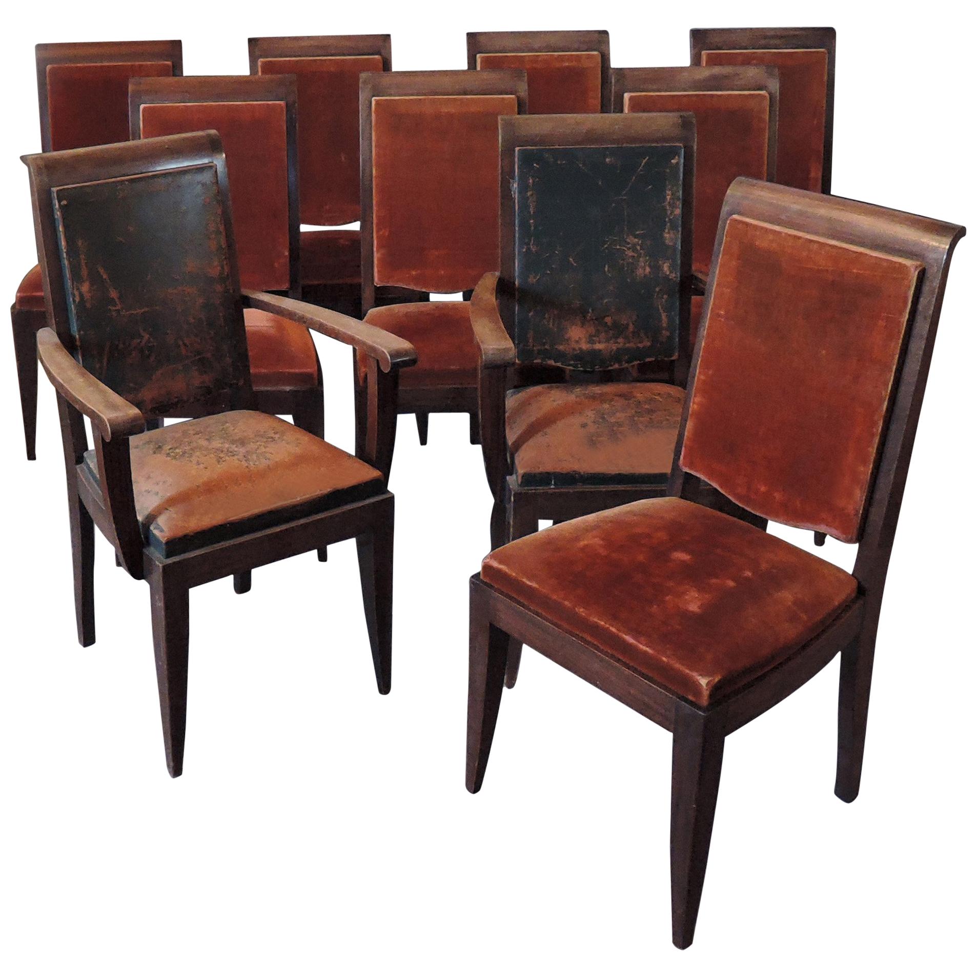 Set of 10 French Art Deco Mahogany Chairs by Gaston Poisson '8 Side and 2 Arm'