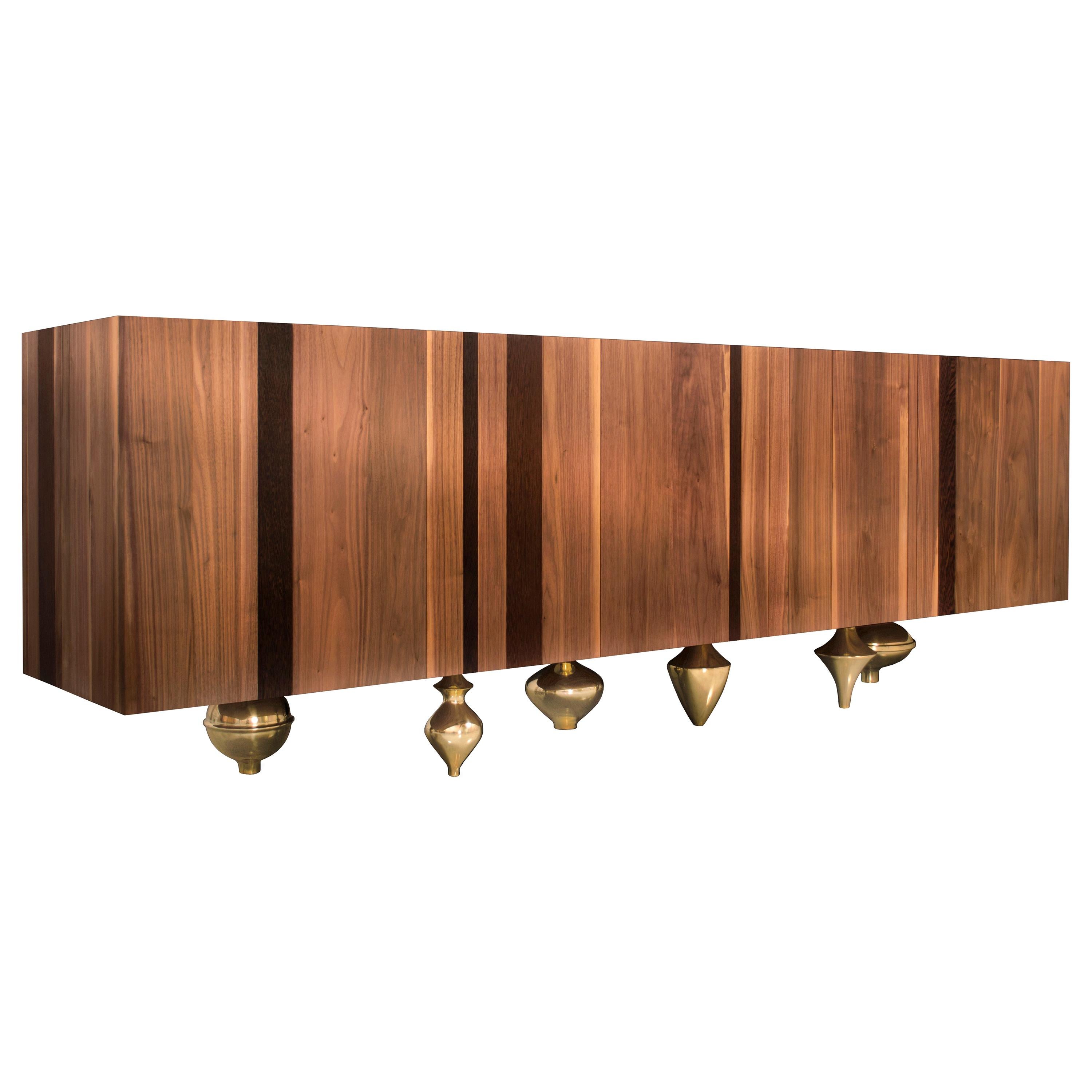 II Pezzo Credenza 1 in Wood, Brass and Marble For Sale