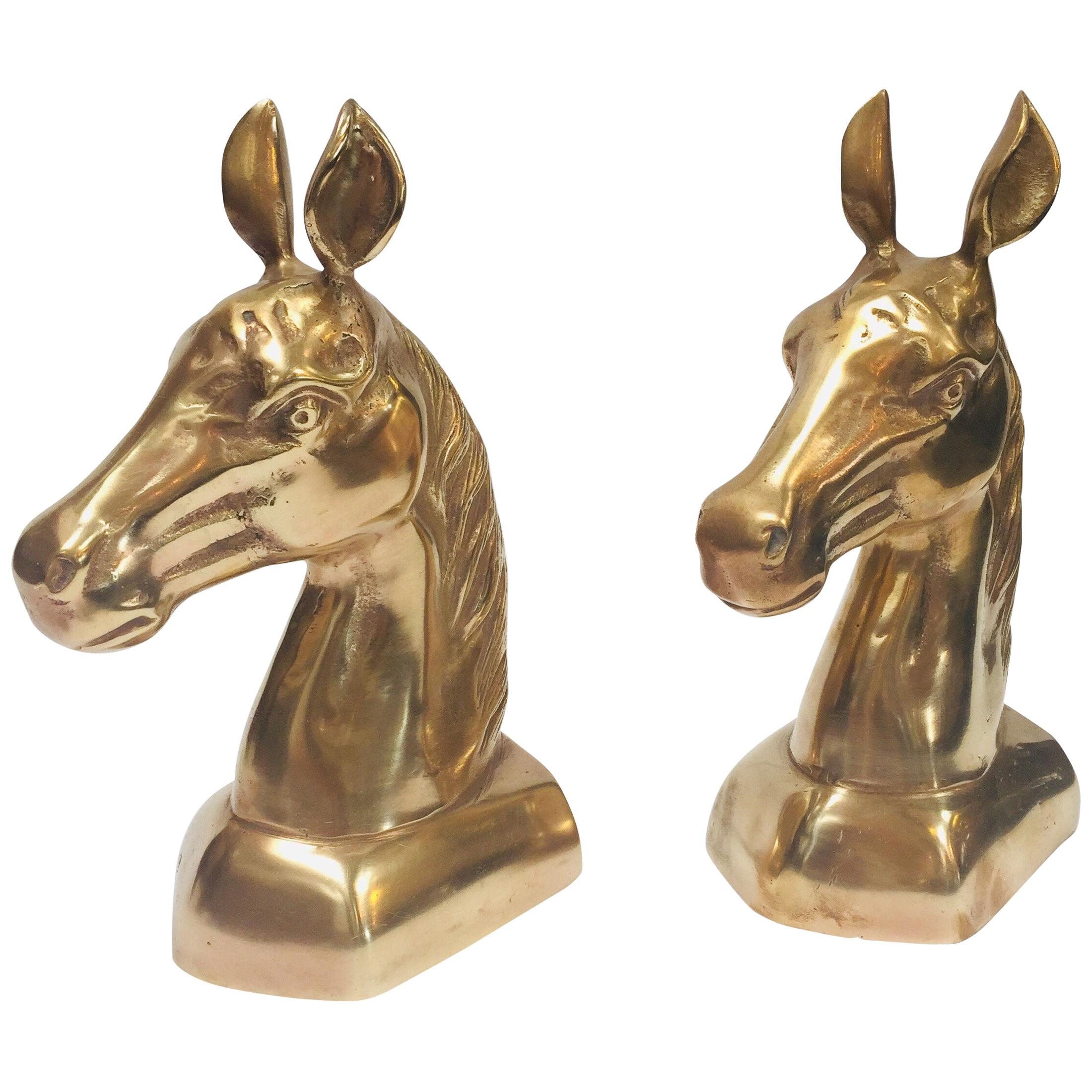 Hollywood Regency Vintage Polished Brass Sculptures of Horses Bust Bookends For Sale