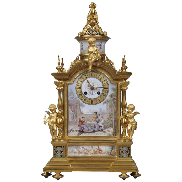 Louis XVI Style Champlevé Enamel and Gilt-Bronze Mantel Clock, circa 1880 For Sale