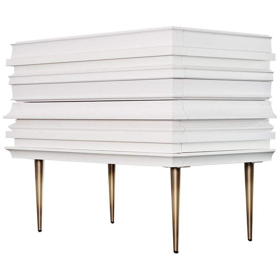 Contemporary Lacquer White Wood Moldings on a Pair of Nightstands by