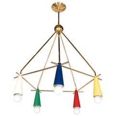 Vintage Mid-Century Modern Italian Brass and Polychrome Enamel Chandelier