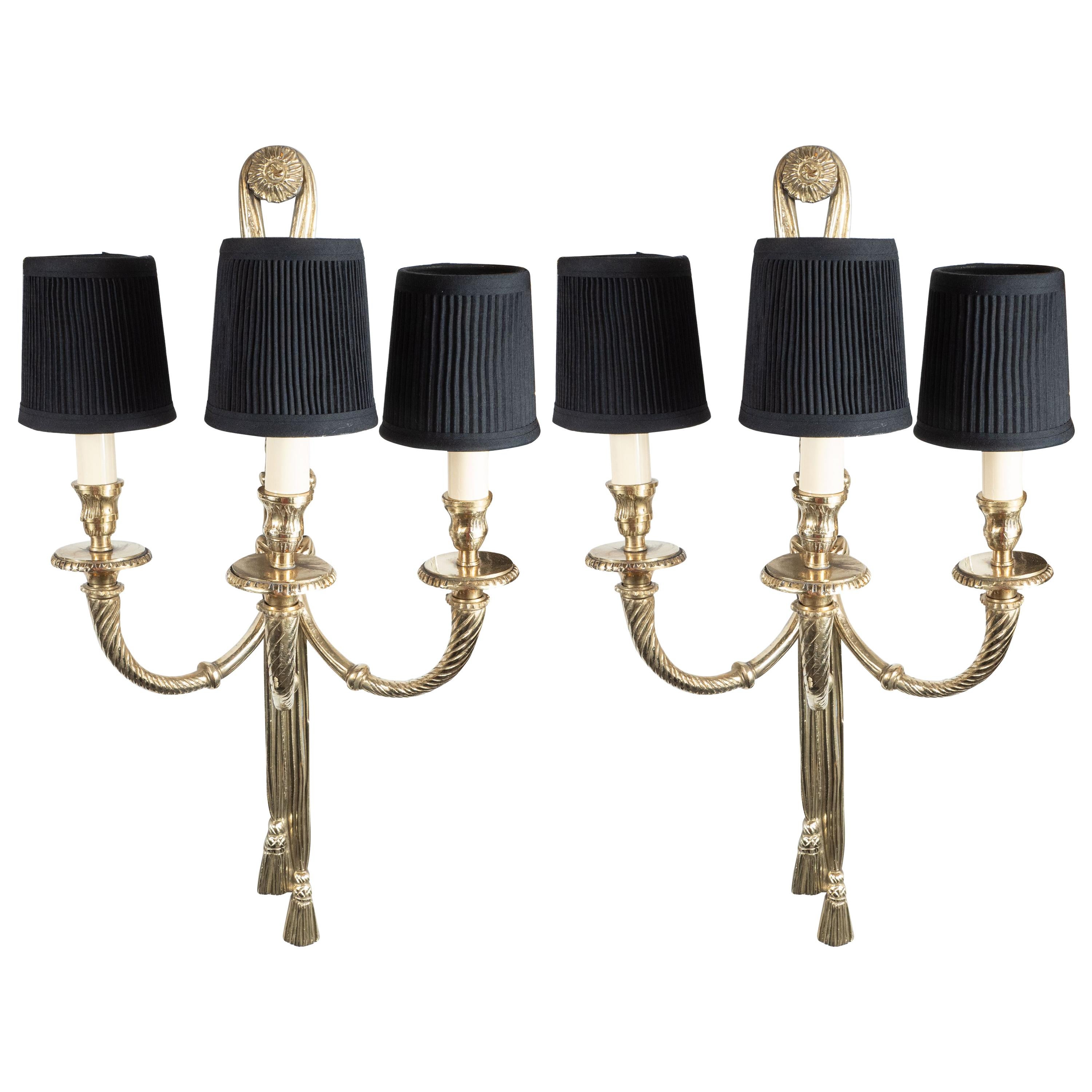 Pair of Mid-Century Modern Silvered Bronze Sconces with Neoclassical Detailing