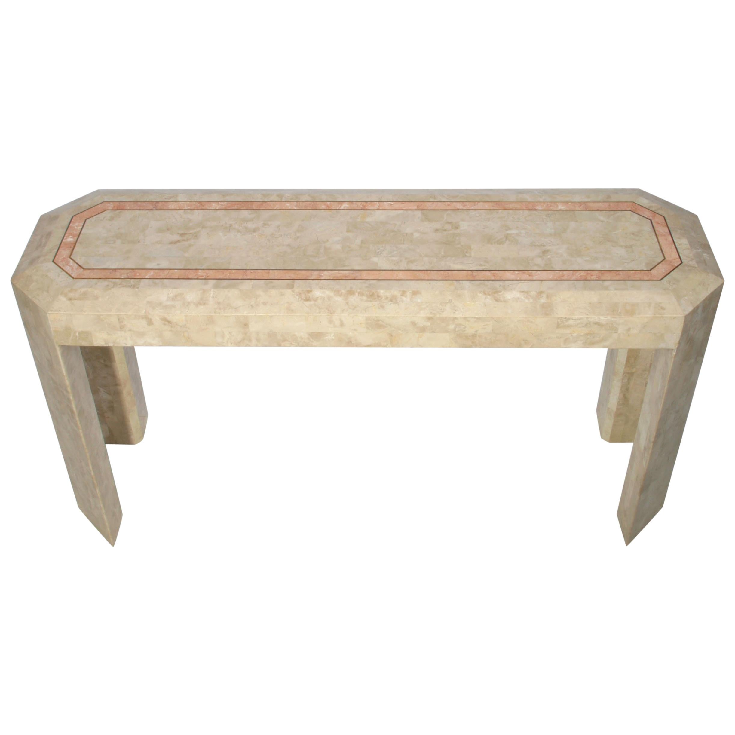 Maitland Smith Attributed Tessellated Stone Console Table with Brass Trim