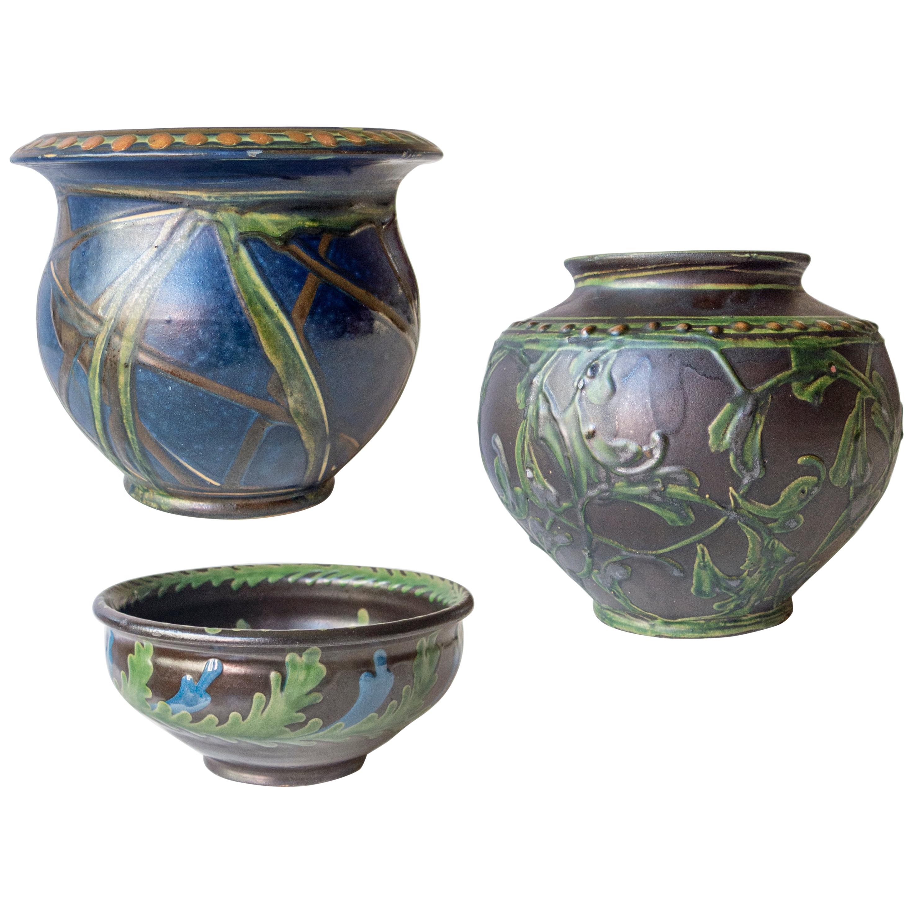 Kähler, Set of 3 Complementary Danish Glazed Stoneware Vases For Sale