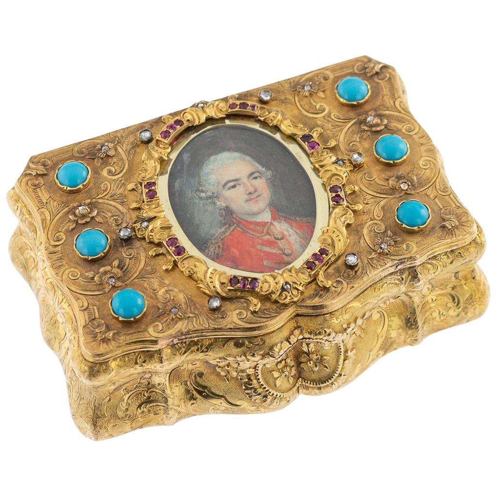 19th Century German Gem Set 14-karat Gold and Miniature Snuff Box, circa 1850