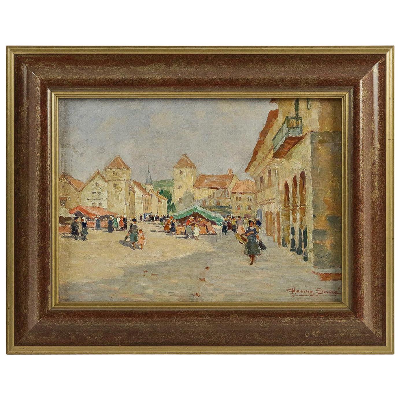 Henry Charles Séné, Oil on Canvas, Brittany Market Scene, circa 1920 For Sale