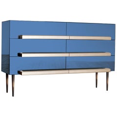 Contemporary Blue Mirrored Credenza with Champagne Molding Handles by Luis Pons