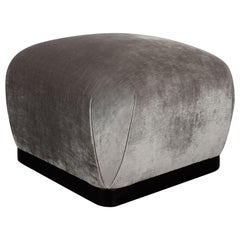 Mid-Century Modern Ebonized Walnut and Platinum Velvet Square Pouf